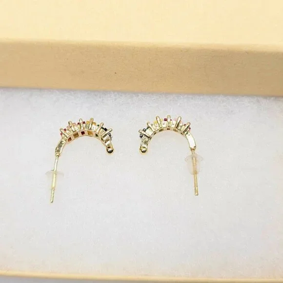 Golden Rainbow Rhinestone Gem Multicolor CZ Gold Plated Small Earrings - Picture 6 of 8